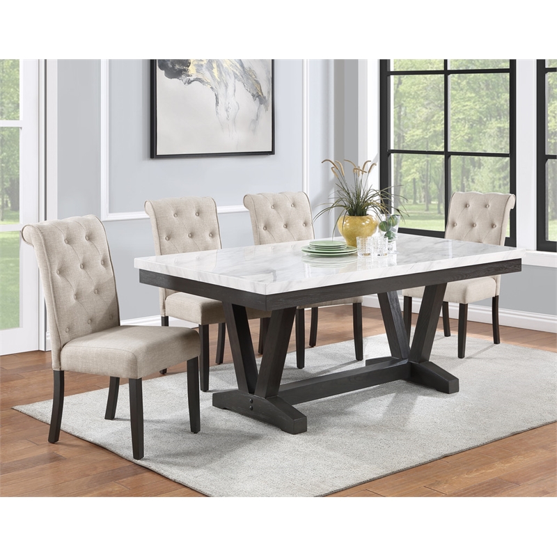 Weathered Gray Wood 5pc Dining Set with Beige Chairs