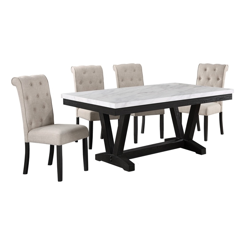 Weathered Gray Wood 5pc Dining Set with Beige Chairs