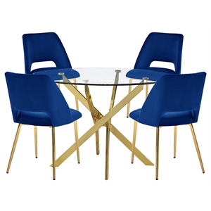 Round 45&quot x 45&quot 5pc Clear Glass Dinette Set with Navy Blue Chairs