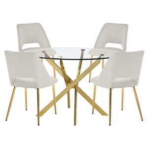 Round 45&quot x 45&quot 5pc Clear Glass Dinette Set with Cream Chairs