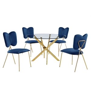 Round 45&quot x 45&quot 5pc Clear Glass Dinette Set with Navy Blue Chairs