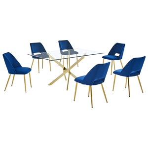 Rectangle 60&quot x 38&quot 7pc Clear Glass Dining Set with Navy Blue Chairs