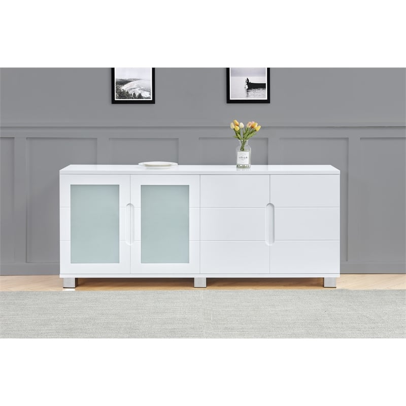 High Gloss White 4 Door Wood Cabinet Server with Frosted Glass Doors
