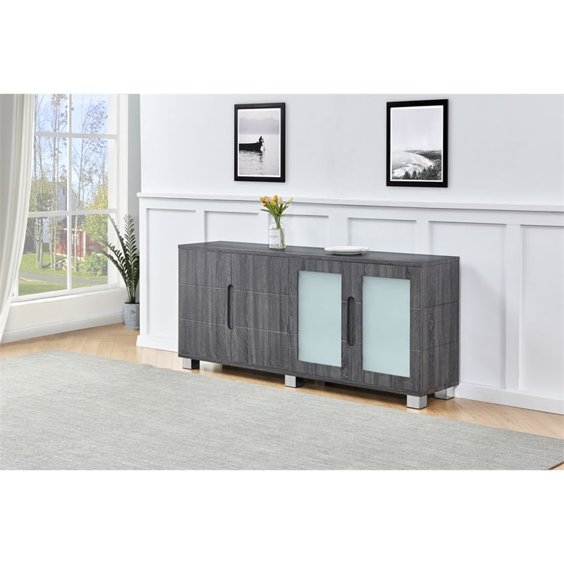 Walnut Wrapped 4 Door Wood Cabinet Server with Frosted Glass Doors