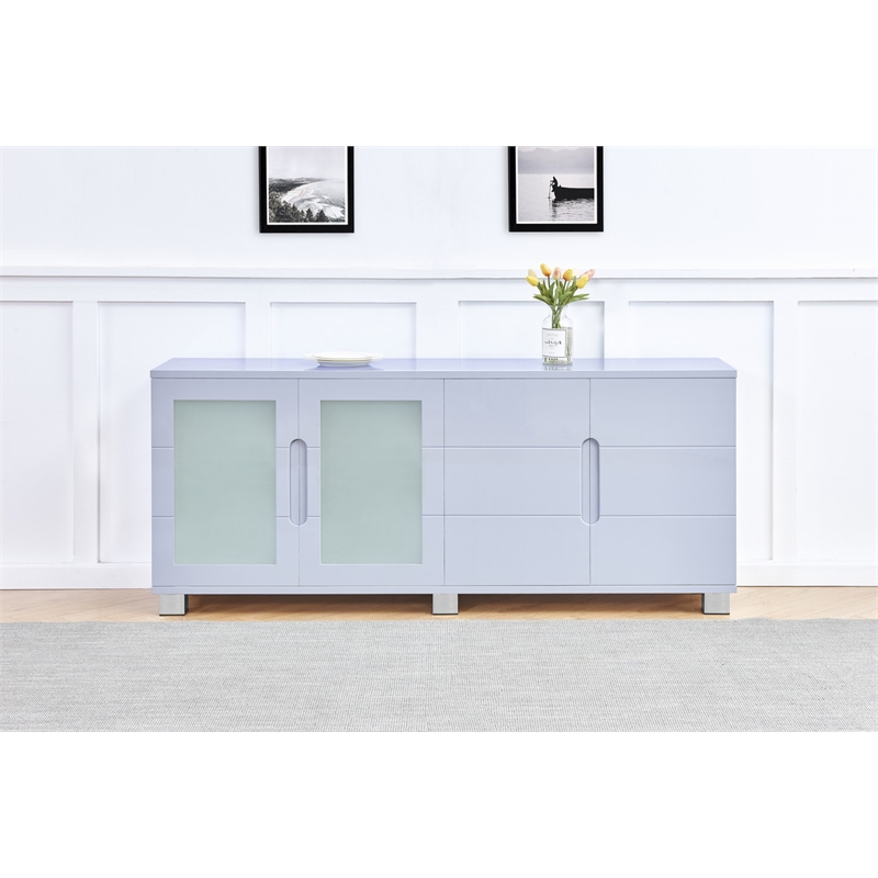 High Gloss Light Gray 4 Door Wood Cabinet Server with Frosted Glass Doors
