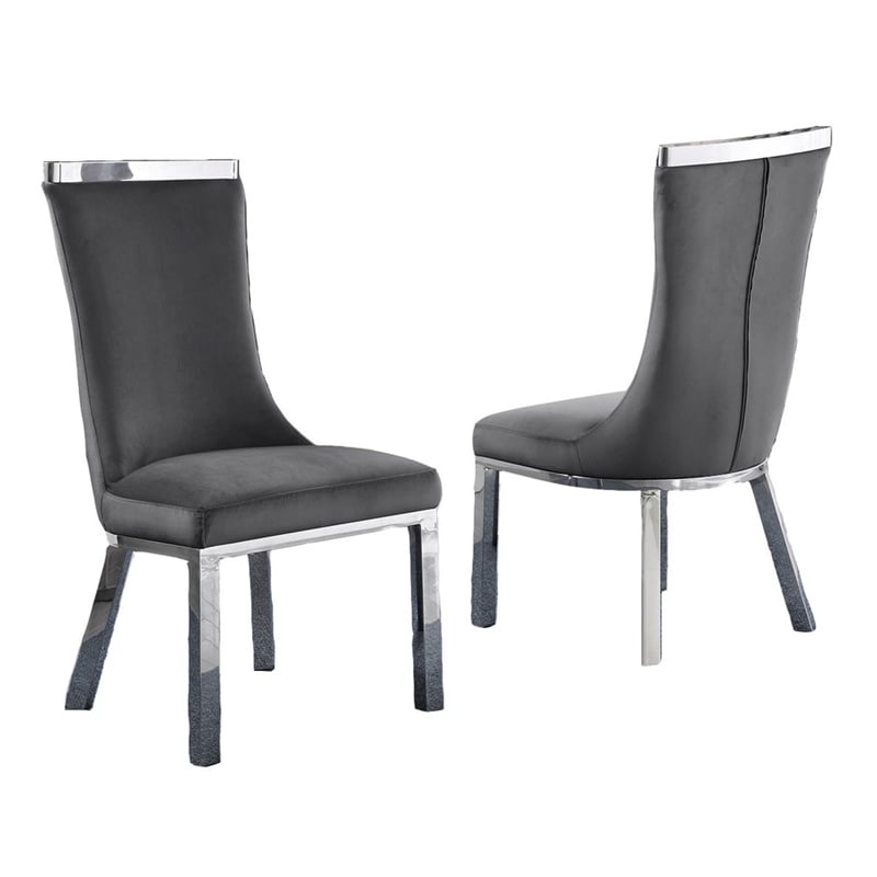Velvet Upholstered Dining Chairs in Dark Gray with Stainless Steel