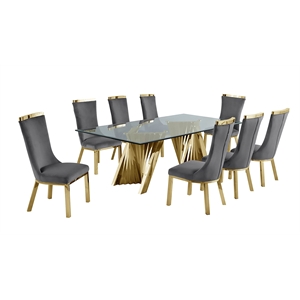 Clear Glass 9pc Dining Set with Gold Stainless Steel and 8 Chairs