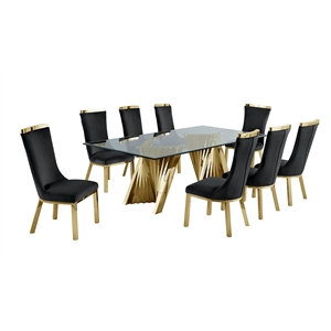Clear Glass 9pc Dining Set with Gold Stainless Steel and 8 Chairs