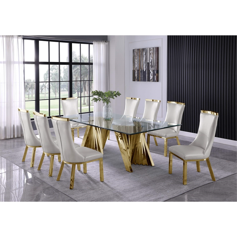Clear Glass 9pc Dining Set with Gold Stainless Steel and 8 Chairs