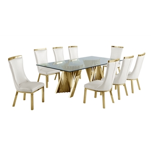 Clear Glass 9pc Dining Set with Gold Stainless Steel and 8 Chairs