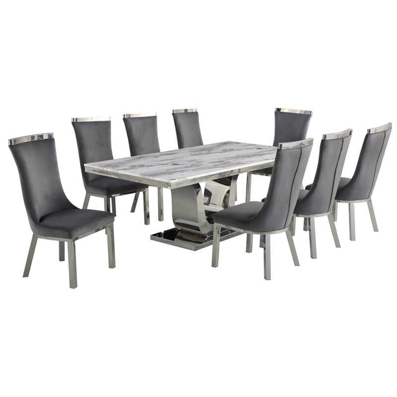White Marble 9pc Dining Set with Silver Stainless Steel and 8 Chairs