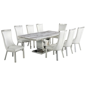 White Marble 9pc Dining Set with Silver Stainless Steel and 8 Chairs