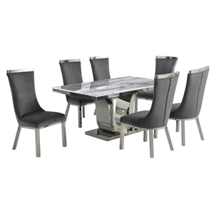 White Marble 7pc Dining Set with Silver Stainless Steel and 6 Chairs