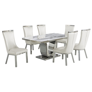 White Marble 7pc Dining Set with Silver Stainless Steel and 6 Chairs