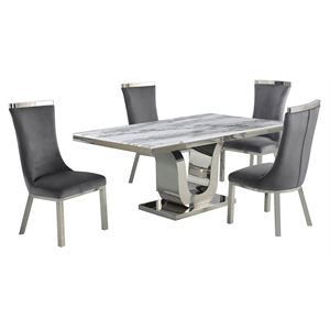 white marble 5pc dining set with silver stainless steel and 4 chairs