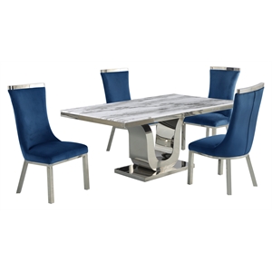 white marble 5pc dining set with silver stainless steel and 4 chairs