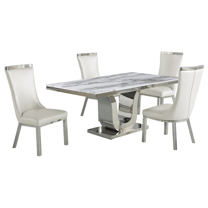 White Marble 5pc Dining Set with Silver Stainless Steel and 4 Chairs