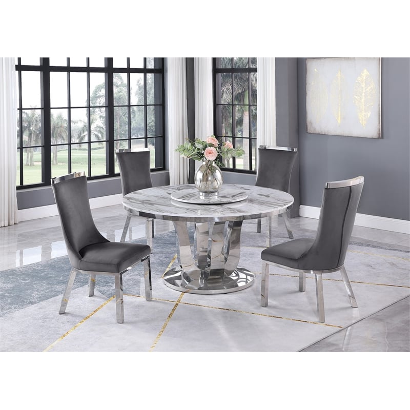 Round White Marble 5pc Dining Set with Silver Stainless Steel and 4 Chairs