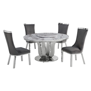 round white marble 5pc dining set with silver stainless steel and 4 chairs