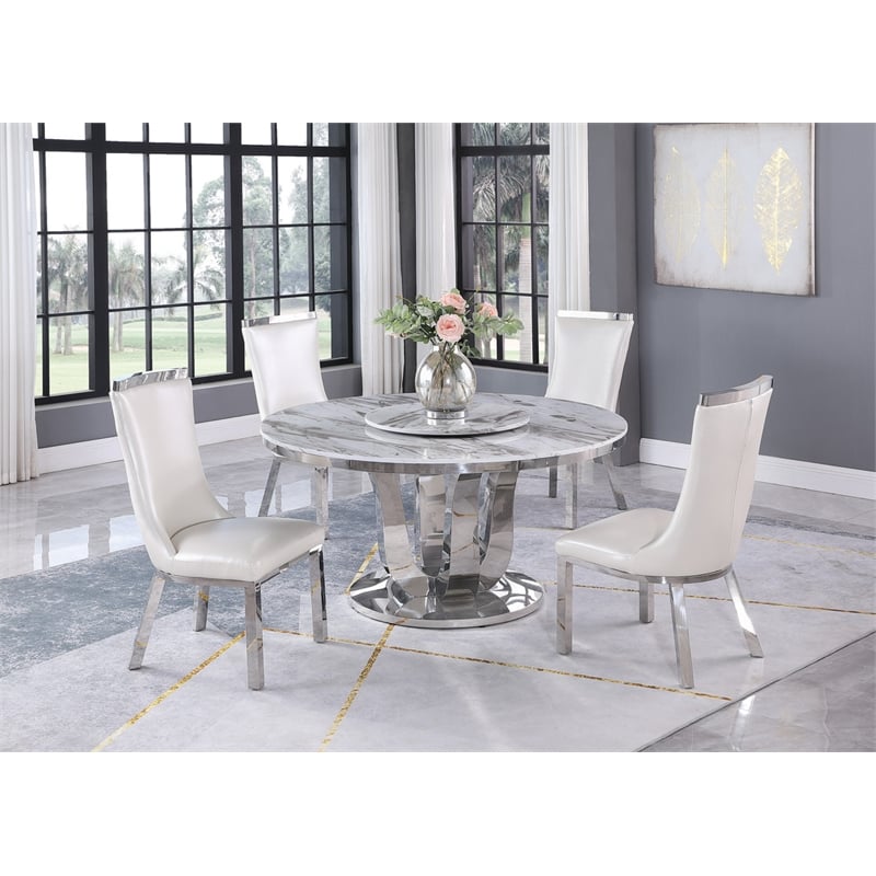 Round White Marble 5pc Dining Set with Silver Stainless Steel and 4 Chairs