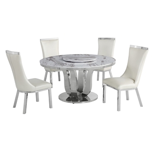 round white marble 5pc dining set with silver stainless steel and 4 chairs
