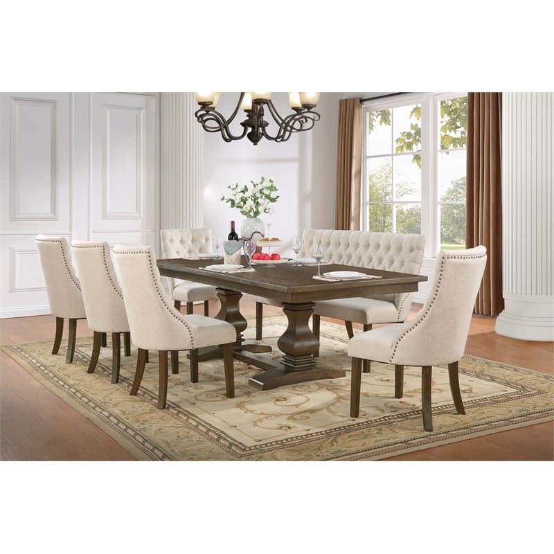 7pc Walnut Wood Dining Set with Extendable Table + Beige Linen Chairs + Bench