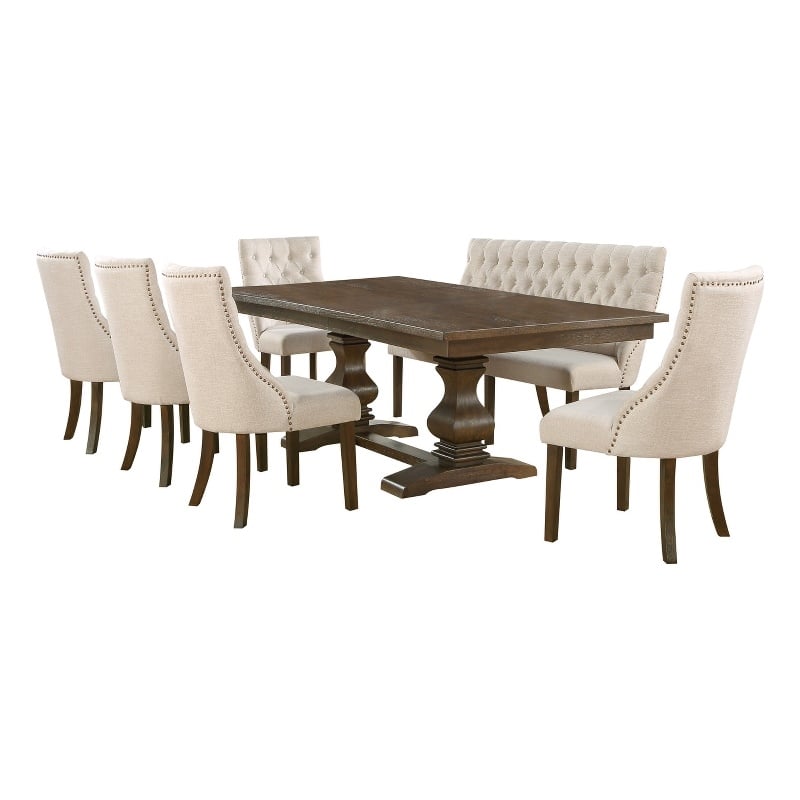 7pc Walnut Wood Dining Set with Extendable Table + Beige Linen Chairs + Bench