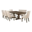 7pc Walnut Wood Dining Set with Extendable Table + Beige Linen Chairs + Bench