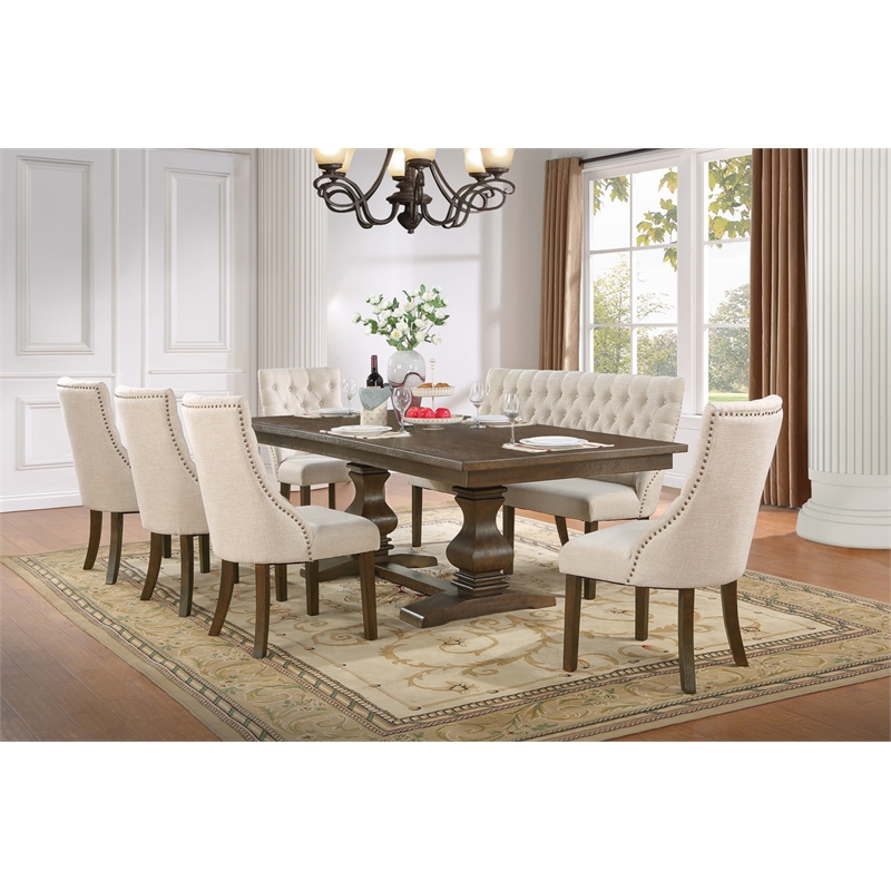 Large Walnut Wood Dining Bench Upholstered with Beige Linen Fabric