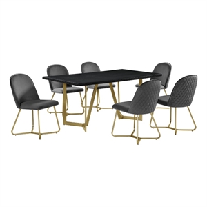 7pc Black Wood Top Dining Set with Gray Velvet Chairs and Gold Base