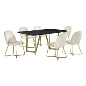 7pc Black Wood Top Dining Set with Cream Velvet Chairs and Gold Base