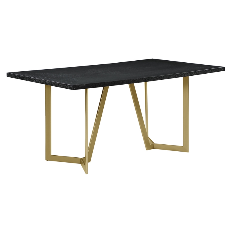 7pc Black Wood Top Dining Set with White Faux Leather Chairs and Gold Base