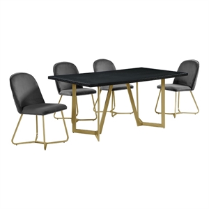 5pc black wood top dining set with gray velvet chairs and gold base