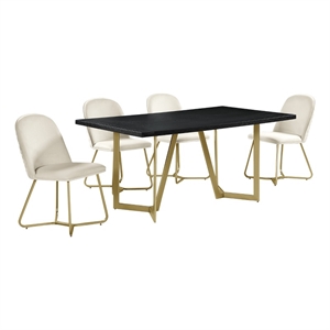 5pc black wood top dining set with cream velvet chairs and gold base