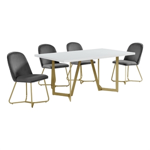 5pc white wood top dining set with gray velvet chairs and gold base