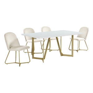 5pc white wood top dining set with cream velvet chairs and gold base