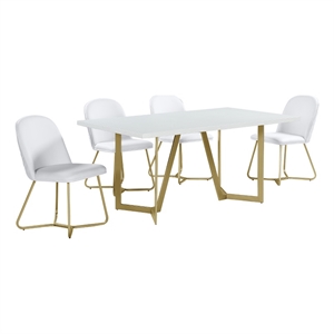 5pc white wood top dining set with white faux leather chairs and gold base