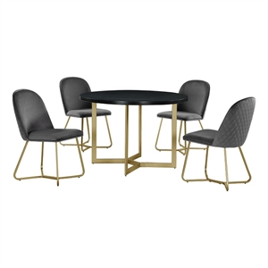 round 45 x 45 5pc dining set with black wood top and gray velvet chairs