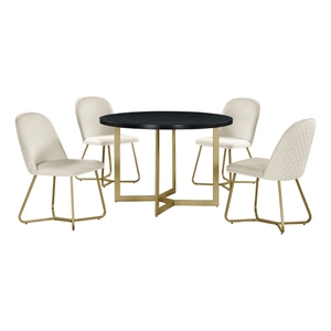 round 45 x 45 5pc dining set with black wood top and cream velvet chairs