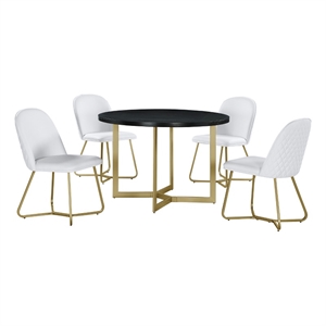 round 45 x 45 5pc dining set with black wood top and white faux leather chairs