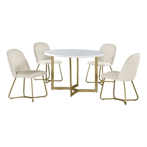 round 45 x 45 5pc dining set with white wood top and cream velvet chairs