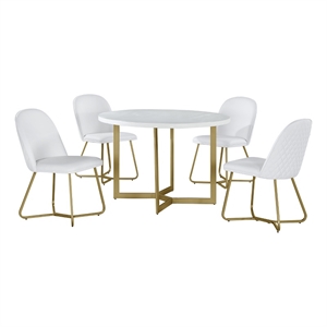 round 45 x 45 5pc dining set with white wood top and white faux leather chairs