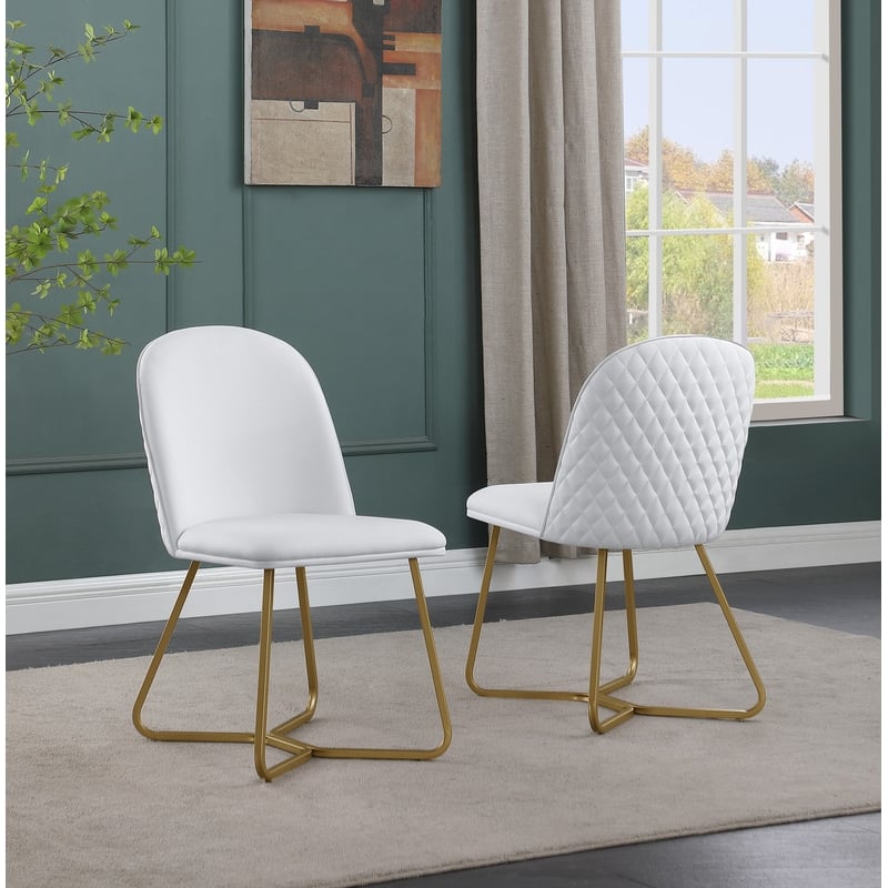 Quilted Back Side Chairs Set of 2 in White Faux Leather and Gold Base