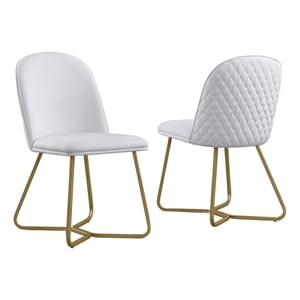 Quilted Back Side Chairs Set of 2 in White Faux Leather and Gold Base