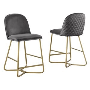 Quilted Back Counterheight Chairs 24&quot Set of 2 in Dark Gray Velvet and Gold Base