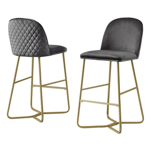 Quilted Back Barstools 29&quot Set of 2 in Dark Gray Velvet and Gold Base