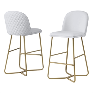 Quilted Back Barstools 29&quot Set of 2 in White Faux Leather and Gold Base