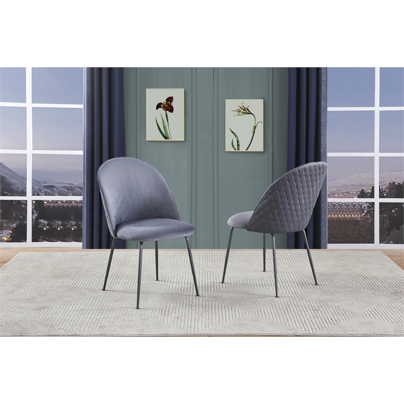 Quilted Back Side Chairs Set of 2 in Dark Gray Velvet and Gray Painted Legs