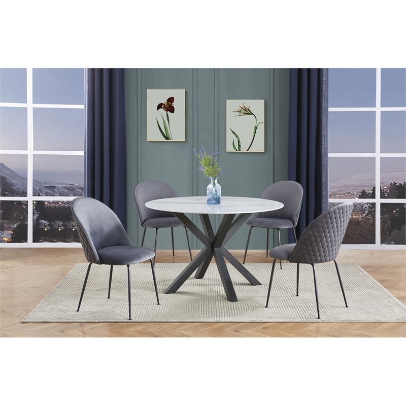 Quilted Back Side Chairs Set of 2 in Dark Gray Velvet and Gray Painted Legs