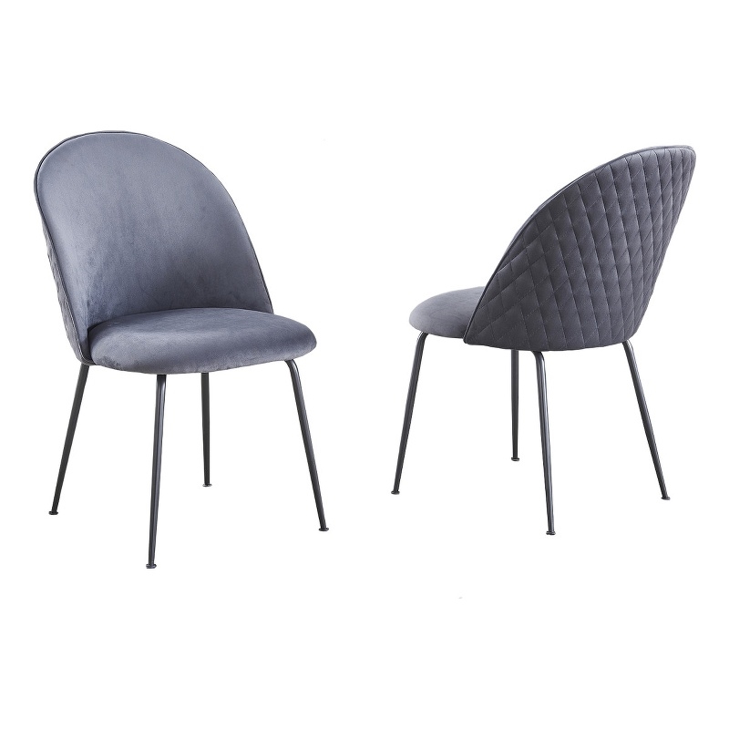 Quilted Back Side Chairs Set of 2 in Dark Gray Velvet and Gray Painted Legs